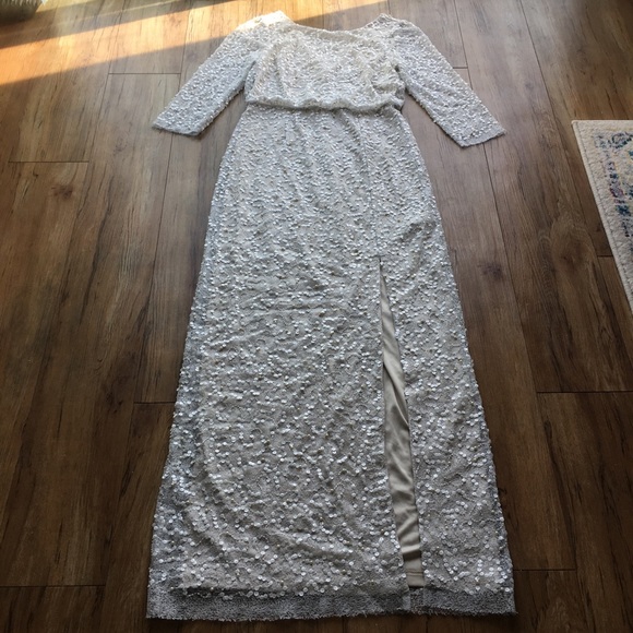 NWT ADRIANNA PAPELL Long Sleeve Pearl Beaded Dress with Slit - Picture 2 of 11